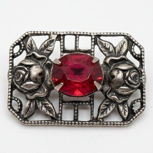 Vintage Art Deco Filigree Rose Brooch - Ruby Red Glass Stone